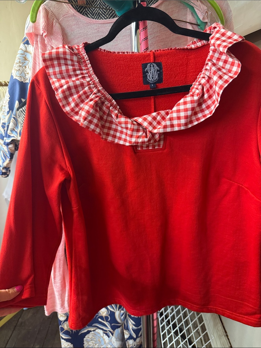 Girls Red Knit Top with Gingham Ruffle Collar